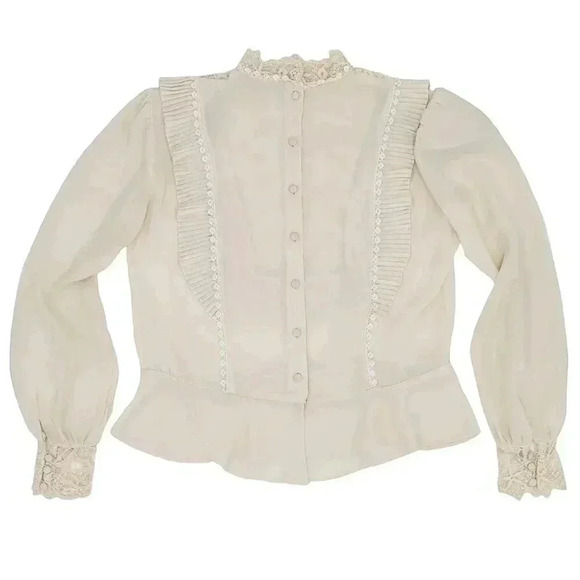 Vintage Cream Floral Pleated Bib Blouse Small Formal Evening Blouse Cottagecore - Picture 2 of 5